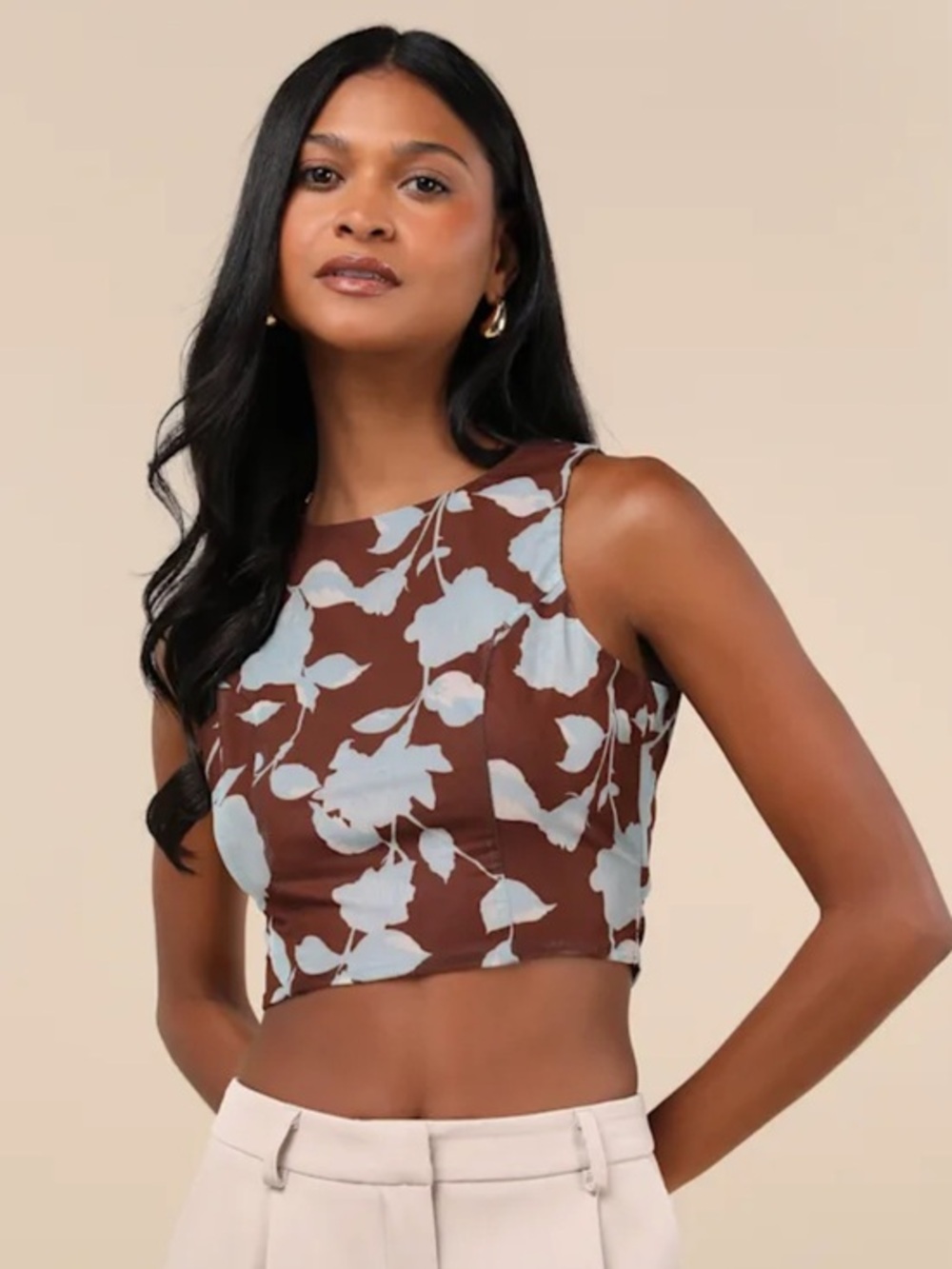 NWT Lulus Coveted Essence Brown Floral Mesh Cutout Tie-Back Crop Tank Top